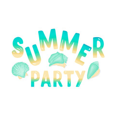 Summer party lettering gradient, doodle seashells, set for your design. Isolated, white background.