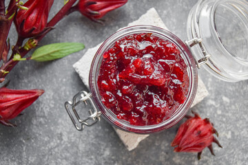 roselle or hibiscus jam in jar on top view