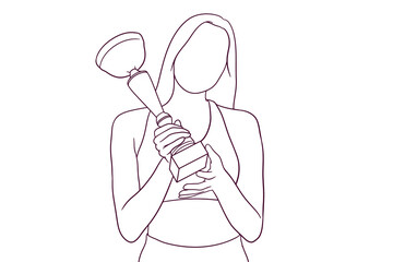 happy young woman holding a trophy. winner concept. hand drawn style vector illustration