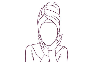 beautiful woman with towel on a head doing facial treatment. beauty concept. hand drawn style vector illustration