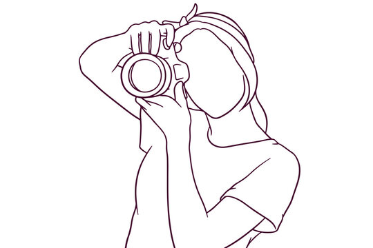 young beautiful girl taking picture with her camera. photography concept. hand drawn style vector illustration