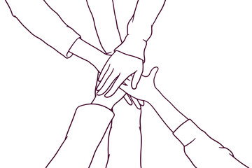young people putting their hands together. stack of hands. friendship concept. hand drawn style vector illustration