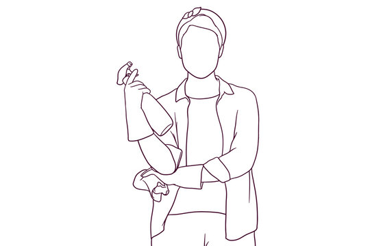 recommend clip art: Housewife standing while hold a towel and bottle spray. house cleaning concept. hand drawn style vector illustration