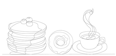 coffee and sweets drawing by one continuous line, sketch vector