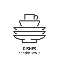 Dishes line icon. Stack of plates with cup vector sign. Editable stroke.