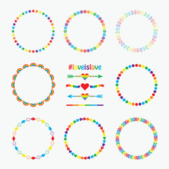 Cute colorful rainbow circle emblems design elements set with heart arrows on white background