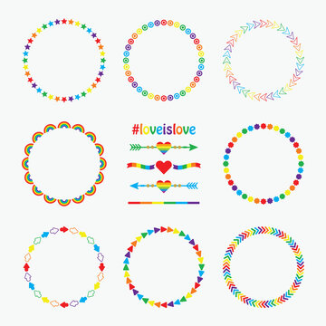 Cute colorful rainbow circle emblems design elements set with heart arrows on white background