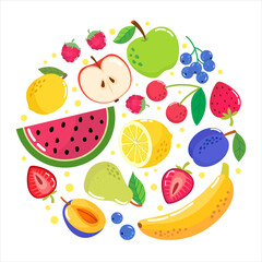 A colorful set of different fruits whole and cut. Vector illustration