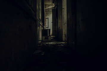 Fototapeta na wymiar The corridors inside a terrifying abandoned building are like in a horror movie with leaves on the floor.The interior of an abandoned house, road to hell. An old abandoned building