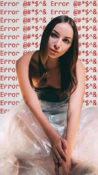 Mental crisis. No motivation. Frustration fatigue. Confused tired woman with system error code message animation isolated on neutral vertical background.