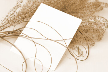 white blank sheet of paper, dried grass on a beige background. invitation card. top view 