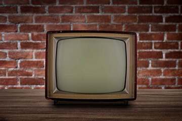 Retro old TV on wooden floor with brick wall, Retro, vintage TV style