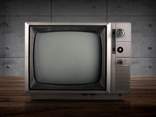 Old television vintage on wooden with black background, Retro, vintage TV style