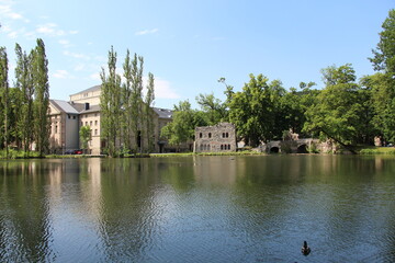 Obraz premium Blick über den Teich im Englischen Garten in Meiningen