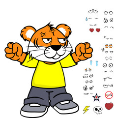 standing young tiger kid wearing tennis and jeans cartoon, expressions pack in vector format