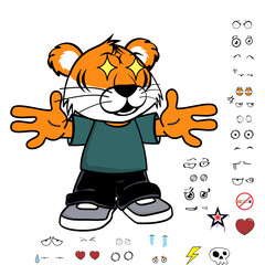 standing young tiger kid wearing tennis and jeans cartoon, expressions pack in vector format