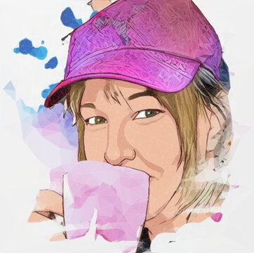 Frau mit Tasse Kaffee. Vektorgrafik im Low Poly Stile gemischt mit Aquarell Effekten. 