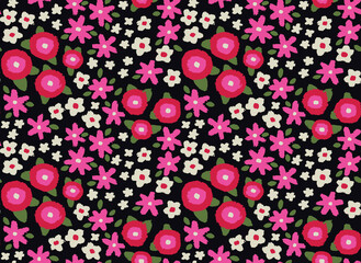 Fototapeta na wymiar Seamless floral pattern, cute ditsy print in retro style. Pretty botanical background with small textured plants, hand drawn pink flowers, leaves on a black field. Vector illustration.