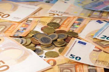 euro coins and banknotes of various denominations