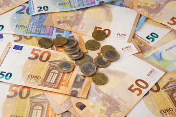 euro coins and banknotes of various denominations