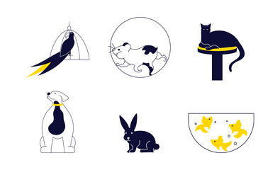 Set of stylized black pets in minimal design