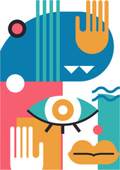 Obraz premium Abstract pop art collage surrealism face design vector illustration. Designed for NFT, token, wallpaper, poster, crypto, punk, aesthetic poster. NFT token in crypto artwork for blockchain digital art