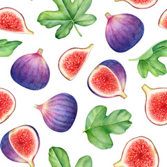 Watercolor seamless pattern with figs and green leaves