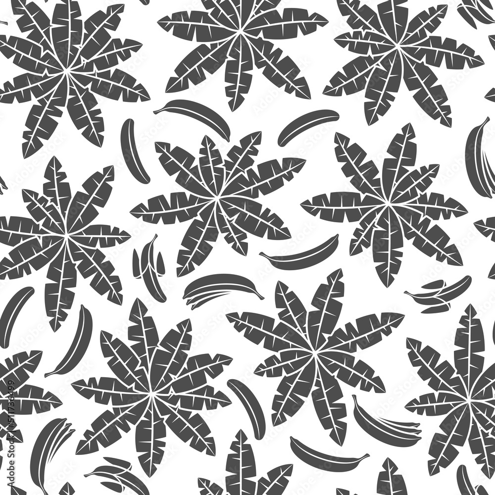 Poster seamless pattern with black and white palm and bananas. tropical vector background with isolated obj