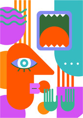 Abstract pop art collage surrealism face design vector illustration. Designed for NFT, token, wallpaper, poster, crypto, punk, aesthetic poster. NFT token in crypto artwork for blockchain digital art