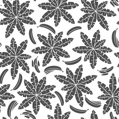 Obraz premium Seamless pattern with black and white palm and bananas. Tropical vector background with isolated objects on white background.