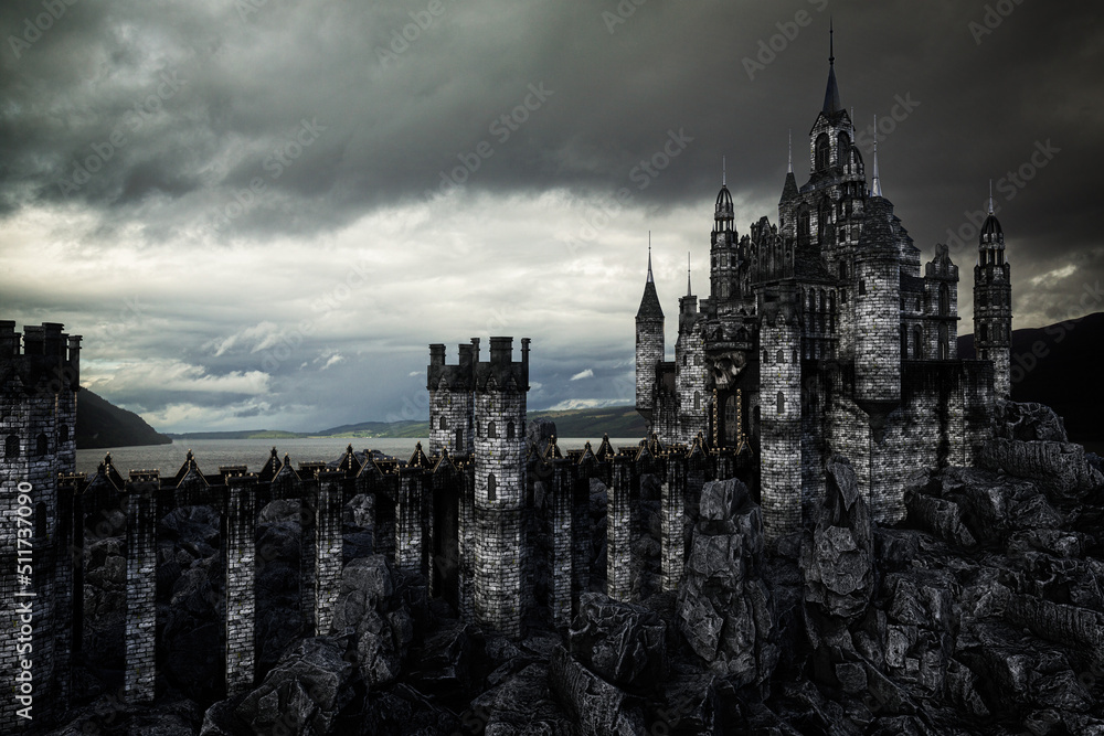 Poster dark fantasy medieval castle in rocky landscape by a lake with moody grey clouds. 3d rendering.