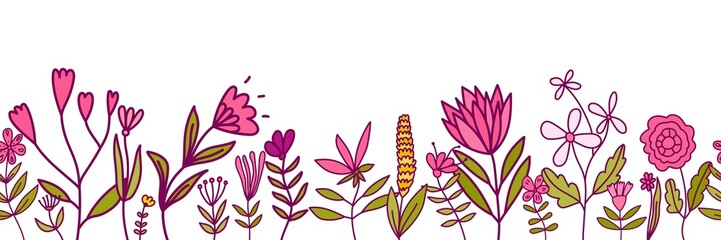 Cute floral summer horizontal pattern. Doodle flowers and leaves wallpaper.