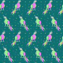 Vector seamless pattern with parrots. Design with ara with colorful feathers.