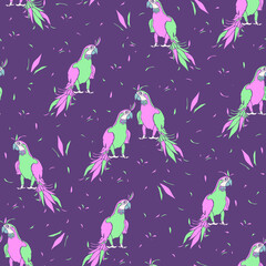 Vector seamless pattern with vivid parrots. Beautiful hand drawn design with ara.