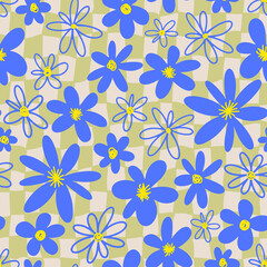 Geometric grunge texture with flowers. Abstract square seamless pattern.