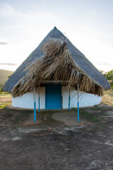 Fototapeta na wymiar Indigenous dwellings of the Bolivar State. National park Canaima. Pemona houses. Palm roofs. Guayanes Massif.