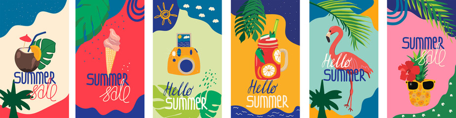 set of modern summer sale story template designs with coconut, flamingo, pineapple, ice cream and camera, cocktail. Background collection for posters, cover art, flyer, banner.