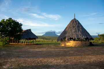 Indigenous dwellings of the Bolivar State. National park Canaima. Pemona houses. Palm roofs. Guayanes Massif.