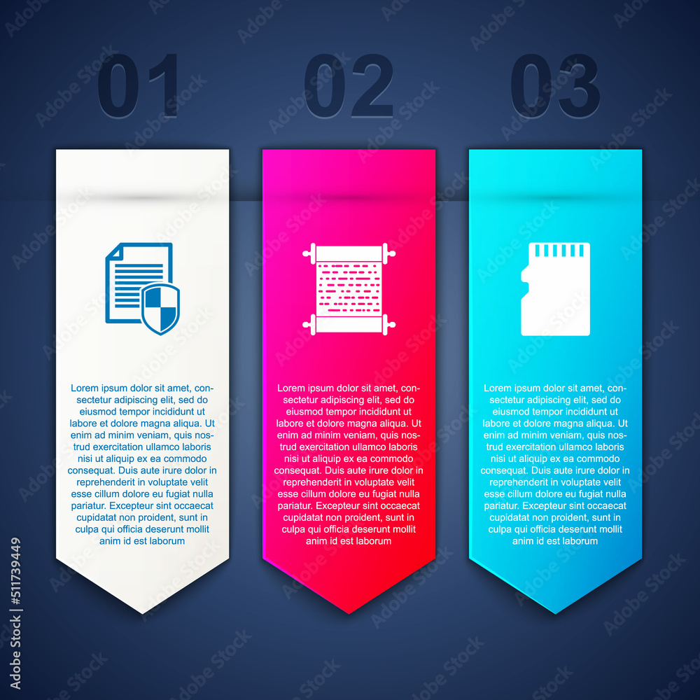 Poster set document protection, paper scroll and micro sd memory card. business infographic template. vecto
