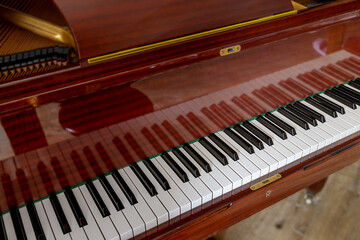 Piano keys side view, close-up with shallow depth of field