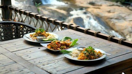 Traditional thai food in outdoor cafe with nature waterfall background. Fried noodle with prawn pad thai and som tam salad on wooden table in restaurant. Asian style food lunch