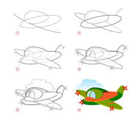Page shows how to learn to draw step by step toy airplane. Developing children skills for drawing and coloring. Printable worksheet for kids school exercise book. Flat vector illustration.
