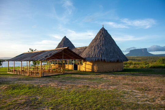 Indigenous dwellings of the Bolivar State. National park Canaima. Pemona houses. Palm roofs. Guayanes Massif.