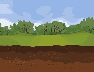 Abstract summer landscape with green forest on horizon, blue sky and brown soil