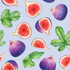 Watercolor fruit seamless pattern with figs and green leaves