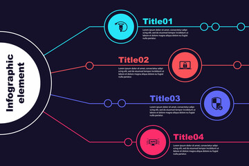 Set Electric scooter, Laptop and lock, Shield security with and Computer api interface. Business infographic template. Vector