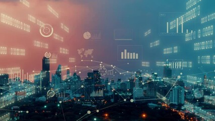 Business data analytic interface fly over smart city showing alteration future of business intelligence. Computer software and artificial intelligence are used to analyze big data for strategic plan .