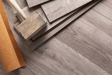 Naklejka na ściany i meble Wood laminate background on floor texture. Wooden laminate heap top view