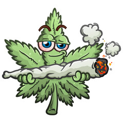 A happy, stoned marijuana leaf cartoon character holding a massive burning joint with puffs of smoke - 511742000