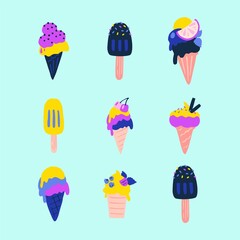 Ice cream set. Various type of summer dessert, sweet frozen balls in waffle cone with berries and topping, fruit sundae on stick, bright colors delicious ice-cream, vector illustration
